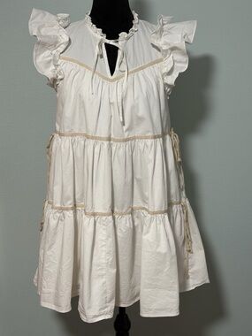 SOFIE THE LABEL White Tie Neck Ruffle Cotton Mini Dress - Medium